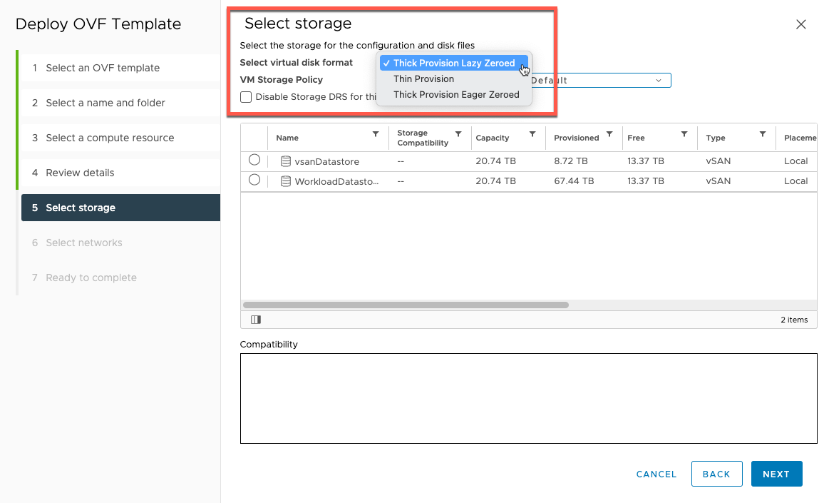 The Thick Provision Lazy Zeroed option on the Select storage panel.