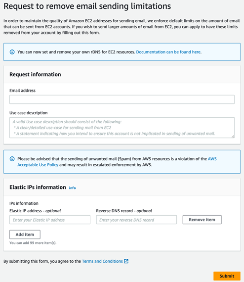 Request to remove email sending limitations form in the Support Center Console.