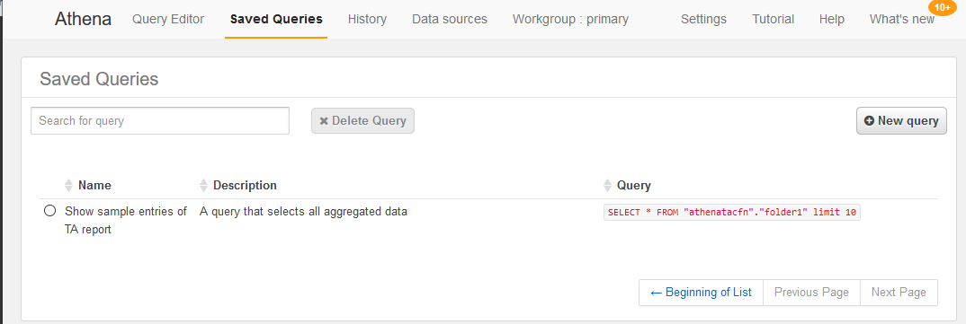 Screenshot of an example saved query in the Athena console.