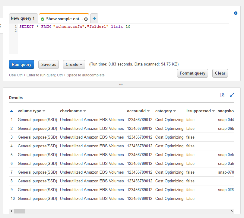 Screenshot of the example query in the Athena console.