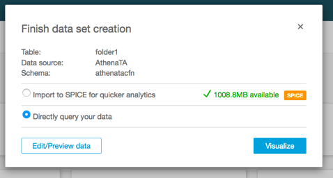 Screenshot of creating a data set in the Quick console.