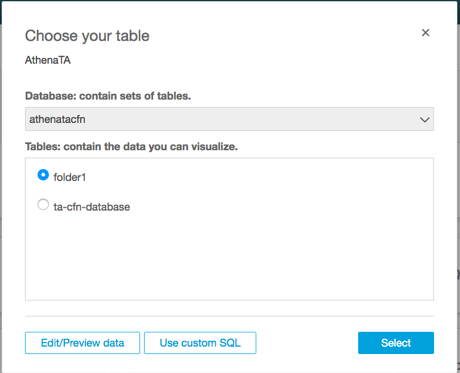 Screenshot of choosing your Athena table in the Quick console.