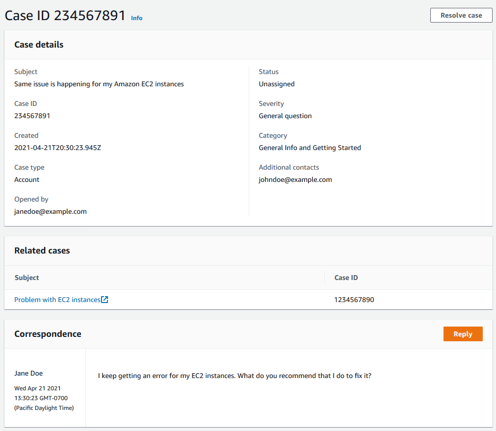 Screenshot of a related case in Support Center.