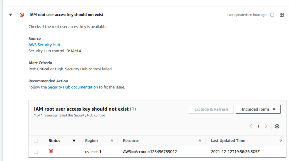 Screenshot a Security Hub CSPM control for an IAM root access issue.