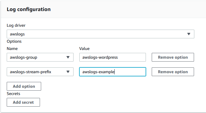 Log configuration section with awslogs driver, awslogs-group set to awslogs-wordpress, and awslogs-stream-prefix set to awslogs-example.