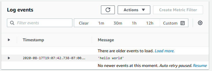 CloudWatch console log events
