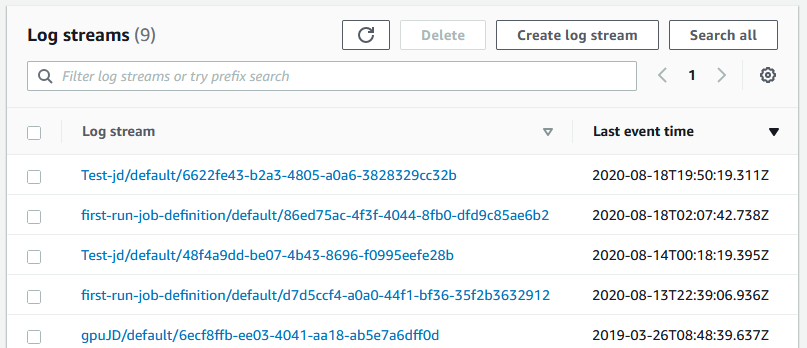 CloudWatch console log streams