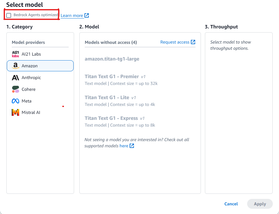 Foundation models available for agents, with optimization status for the agent framework.
