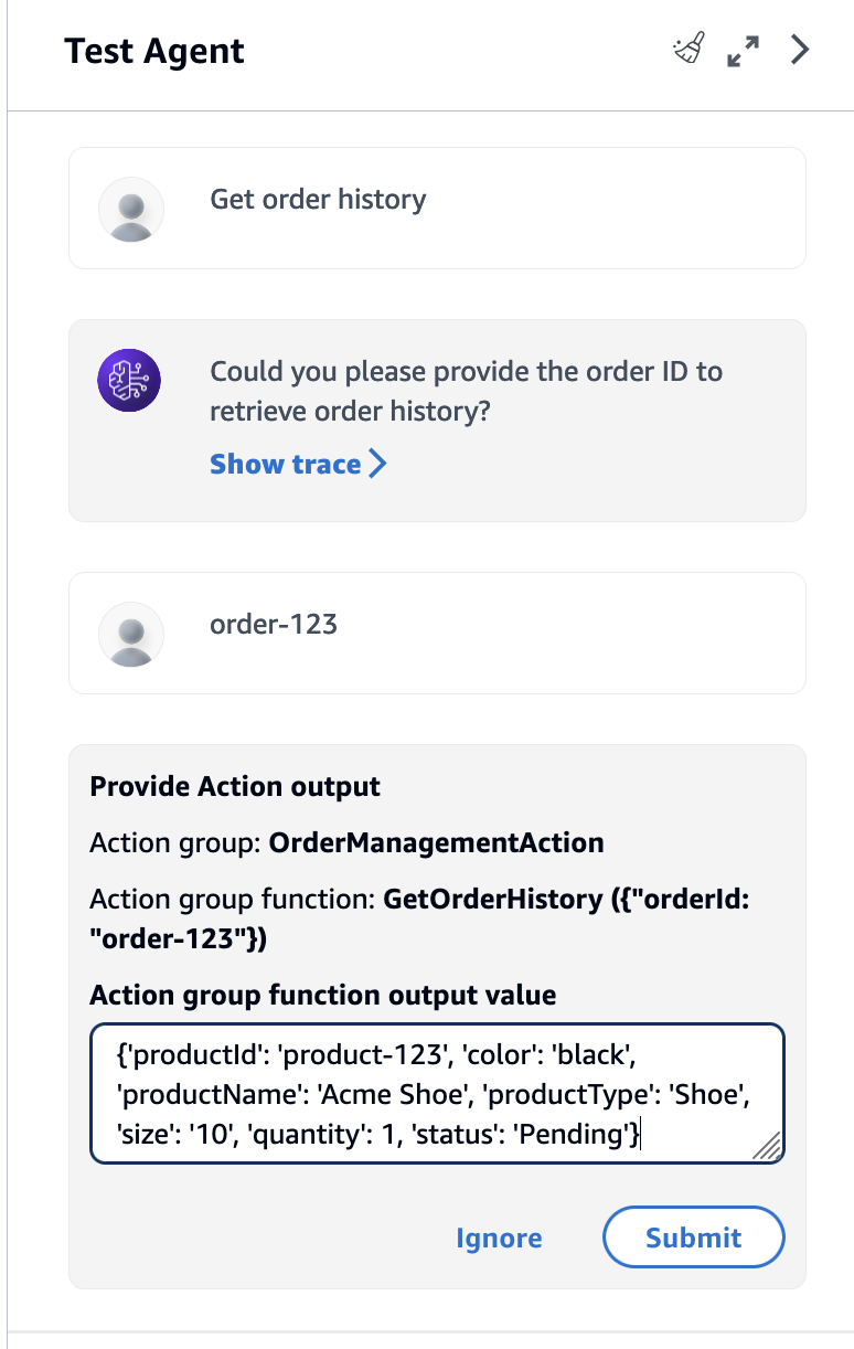 Test window request to provide an example output for the action.