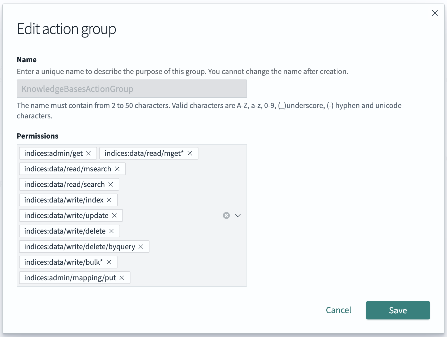 Action groups to create in OpenSearch Dashboards for cluster and index permissions.