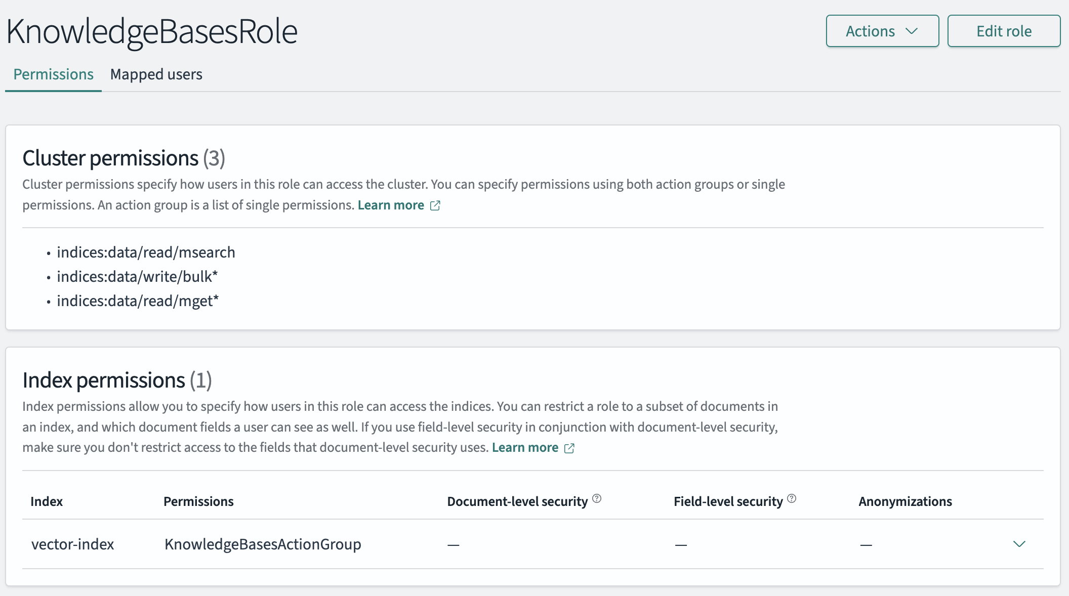 A sample OpenSearch role in OpenSearch Dashboards with the permissions added.