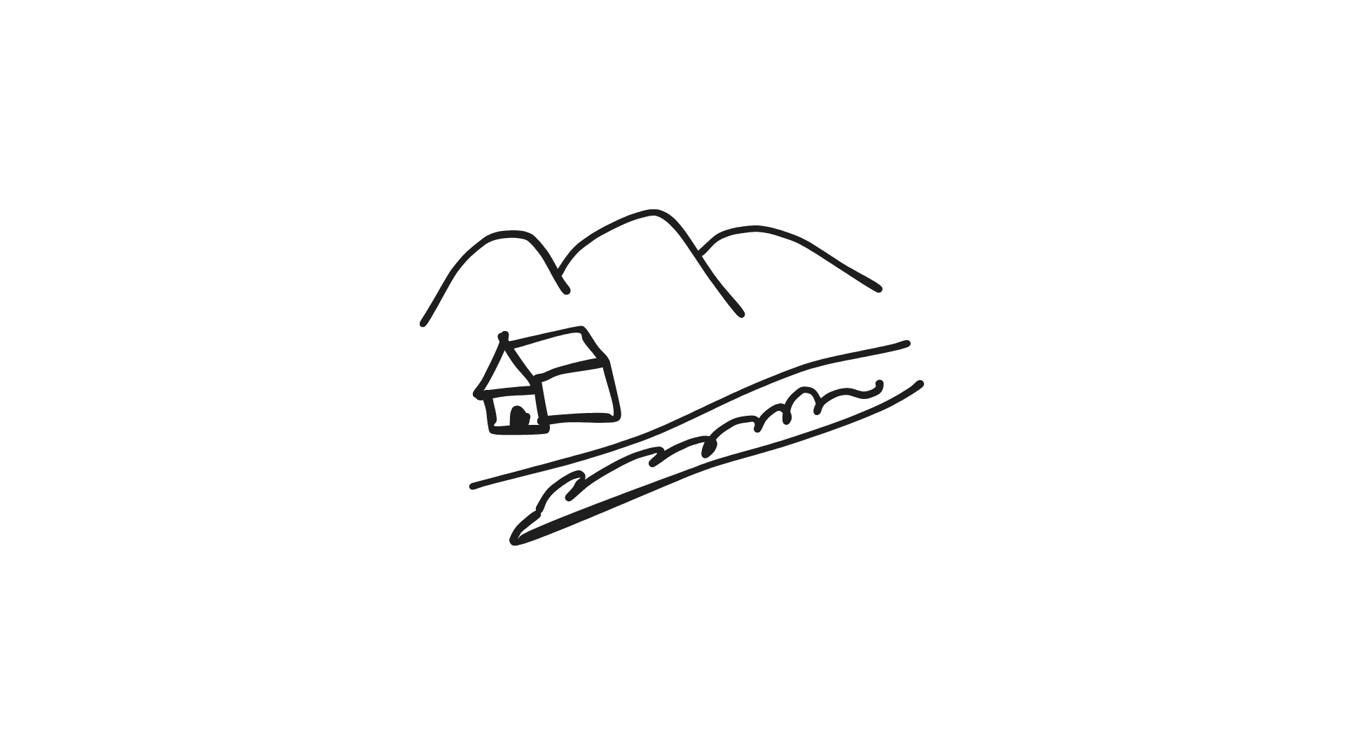 Simple line drawing of a house on a hillside with mountains in the background.