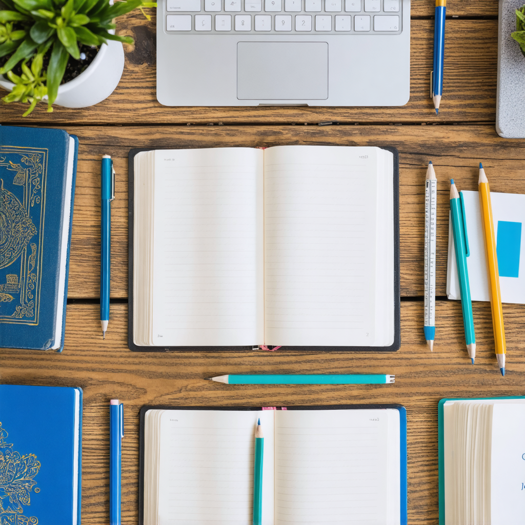 Overhead view of organized desk with laptop, open notebooks, pens, and plant on wooden surface.