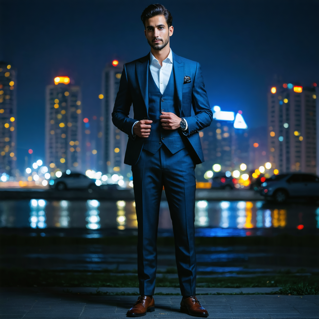 Man in blue three-piece suit standing outdoors at night with city skyline in background.