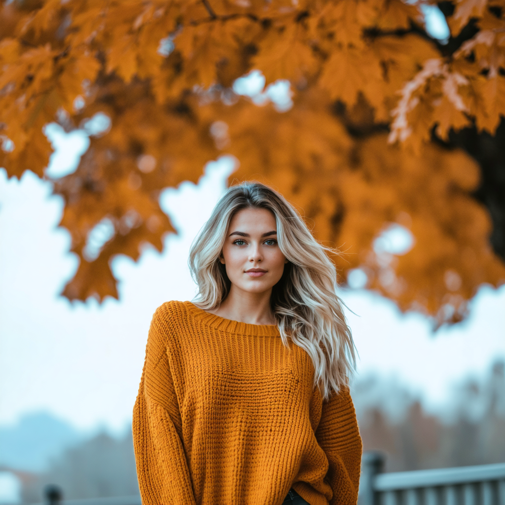 Woman wearing orange sweater outdoors with autumn foliage in background.