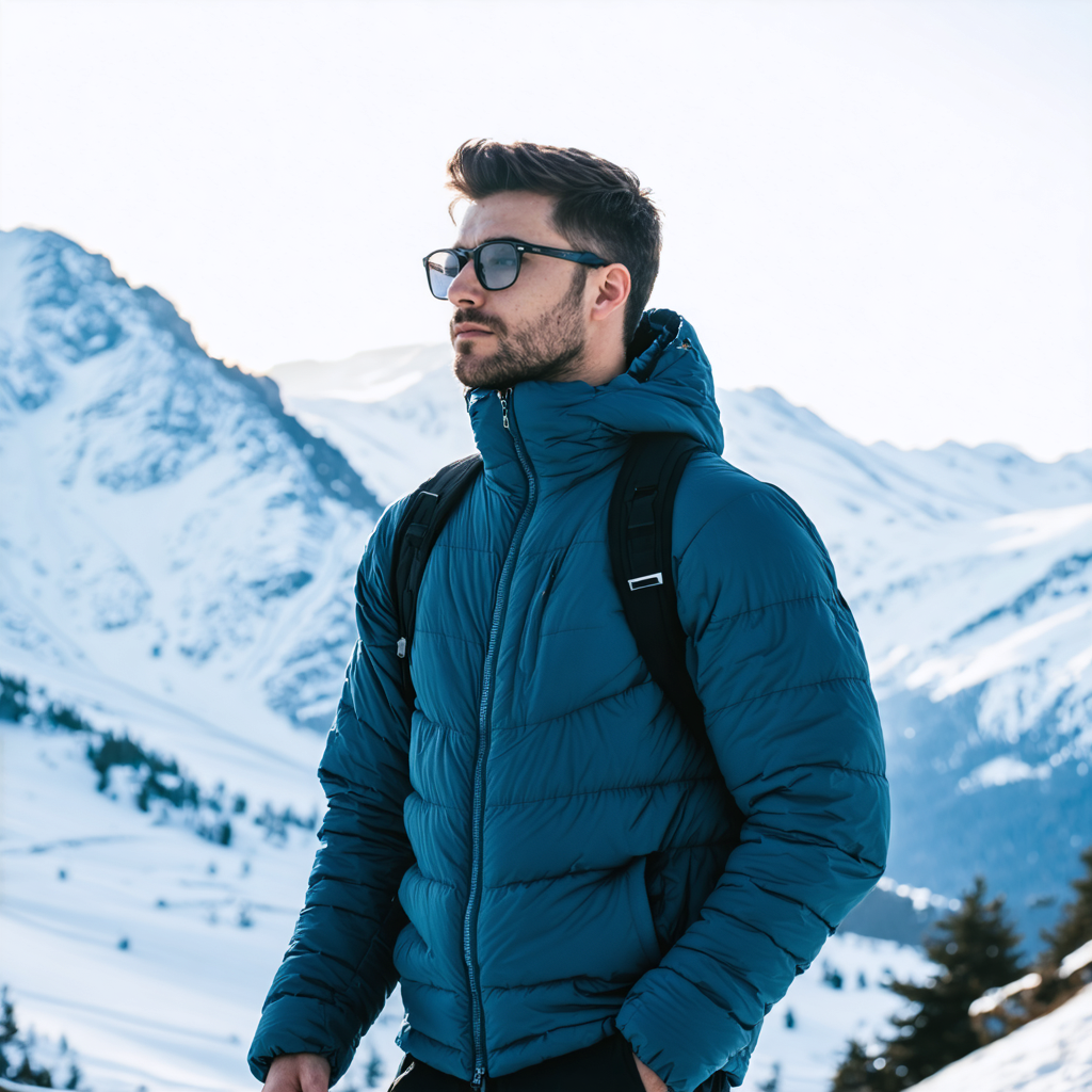 Person wearing sunglasses and blue puffer jacket with backpack in snowy mountain setting.