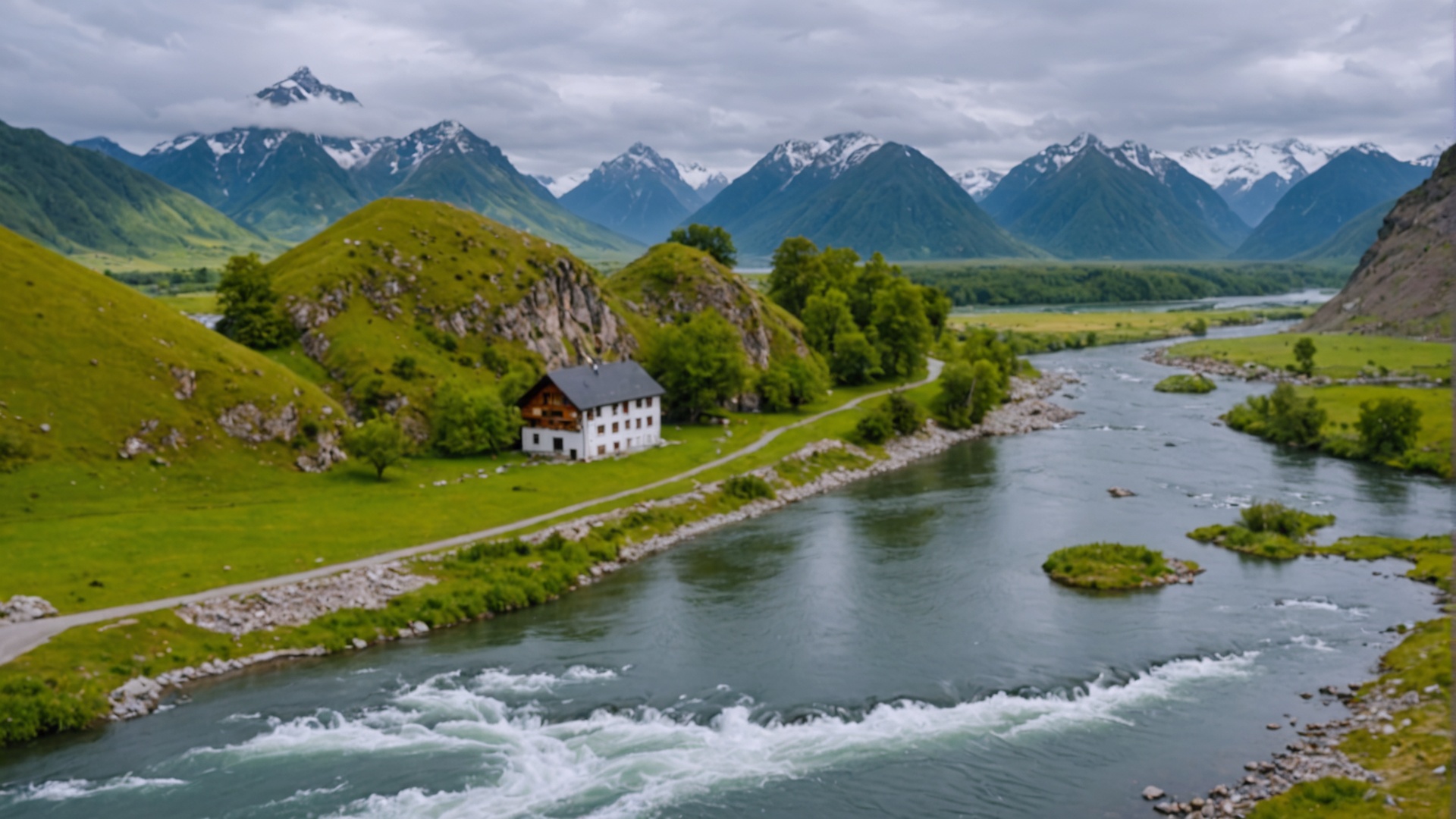 Mountain valley with river, green meadows, traditional building, and snow-capped peaks.