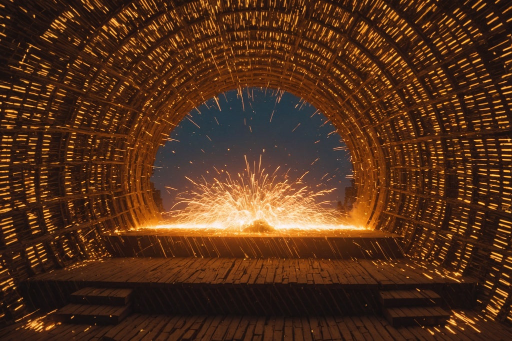 Tunnel interior with illuminated brick pattern and sparks flying at the opening.