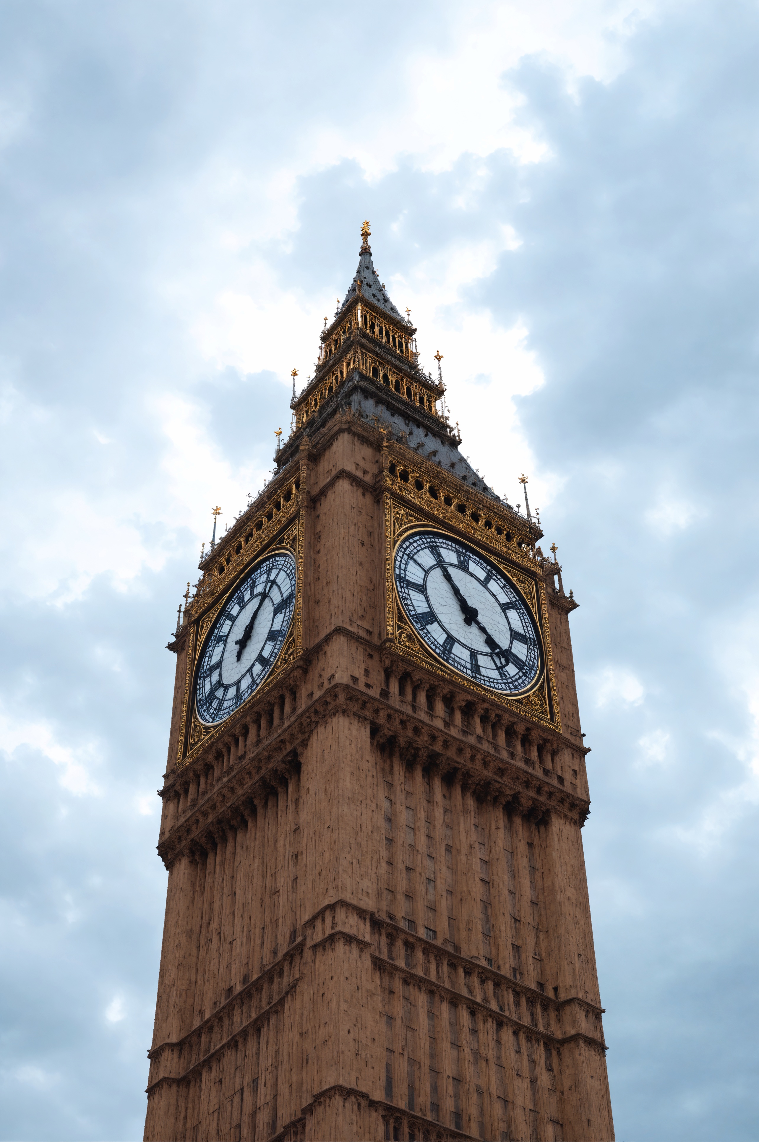 Big Ben clock tower showing ornate golden details and white clock faces against cloudy sky.