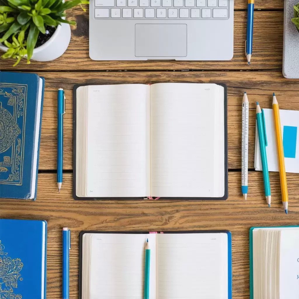Overhead view of organized desk with laptop, open notebooks, pencils, and blue journals.