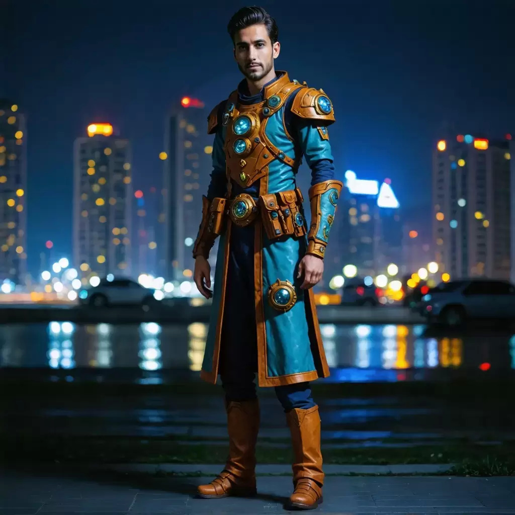 Person wearing futuristic armor with glowing blue elements against city skyline at night.