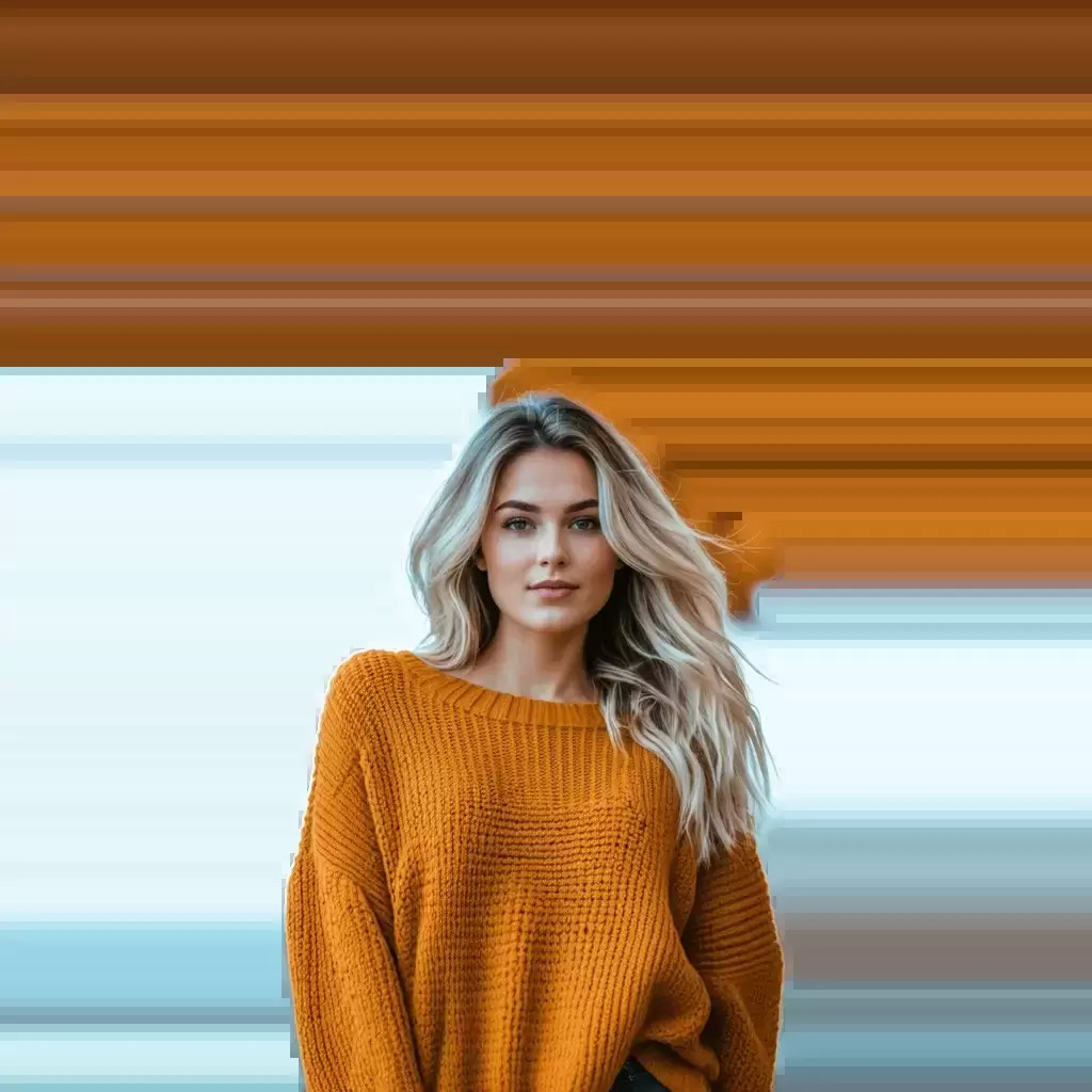 Person wearing orange knit sweater against background with horizontal stripes.