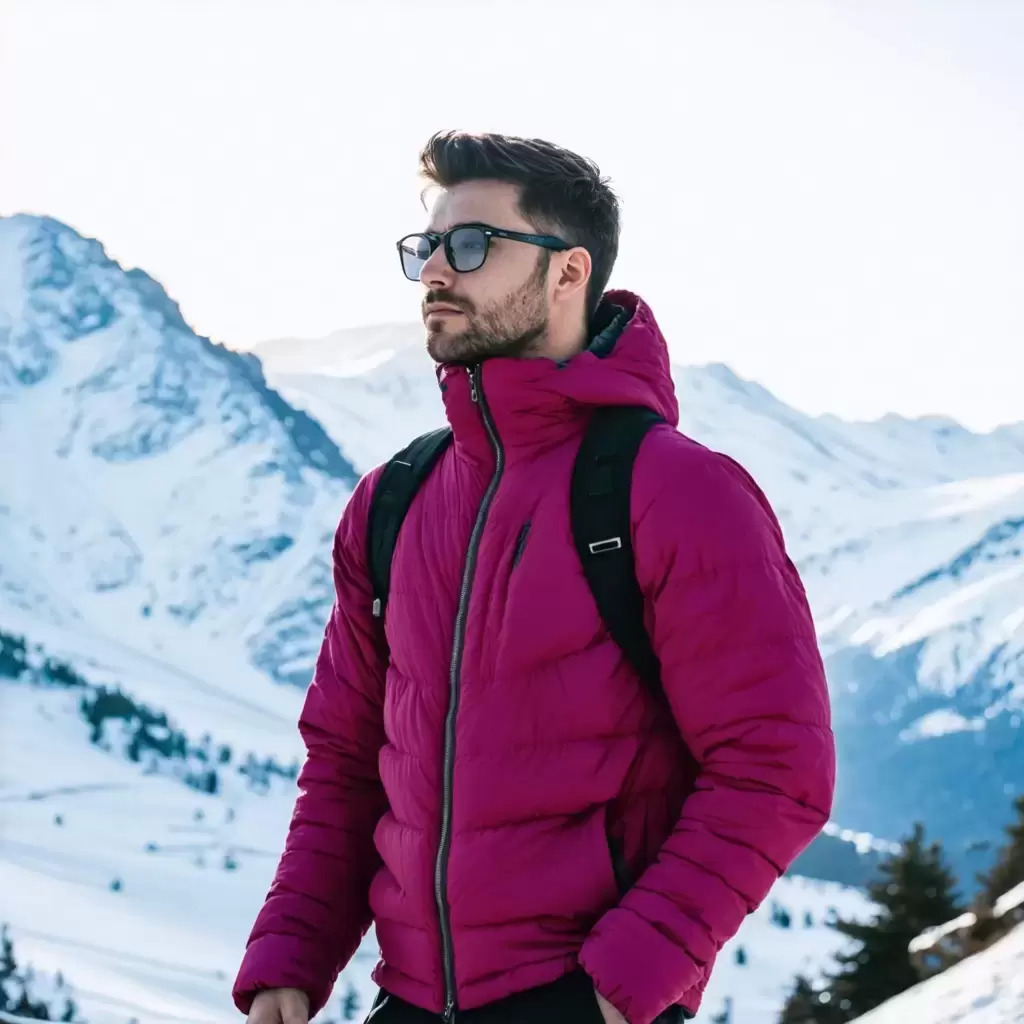 Person wearing sunglasses and purple winter jacket with backpack in snowy mountain setting.