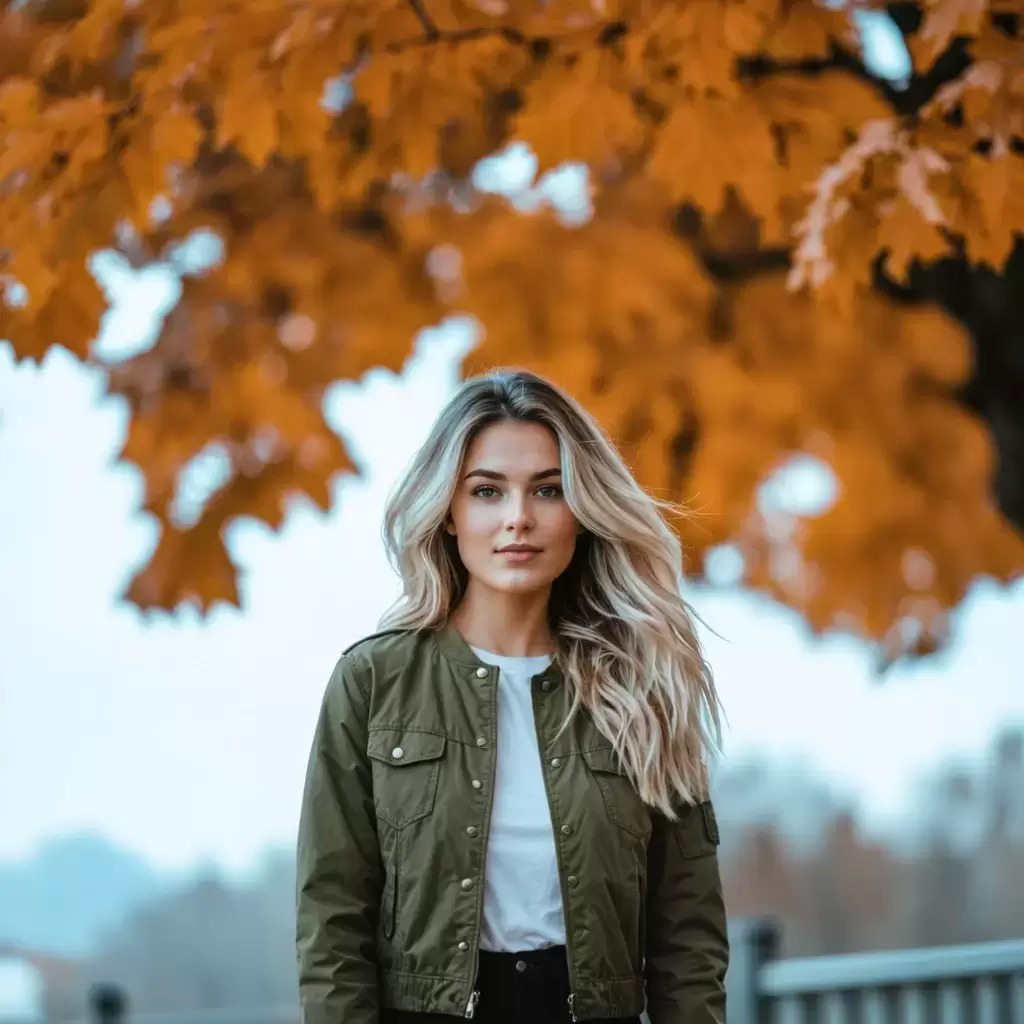 Woman wearing olive jacket and white shirt outdoors with autumn foliage in background.