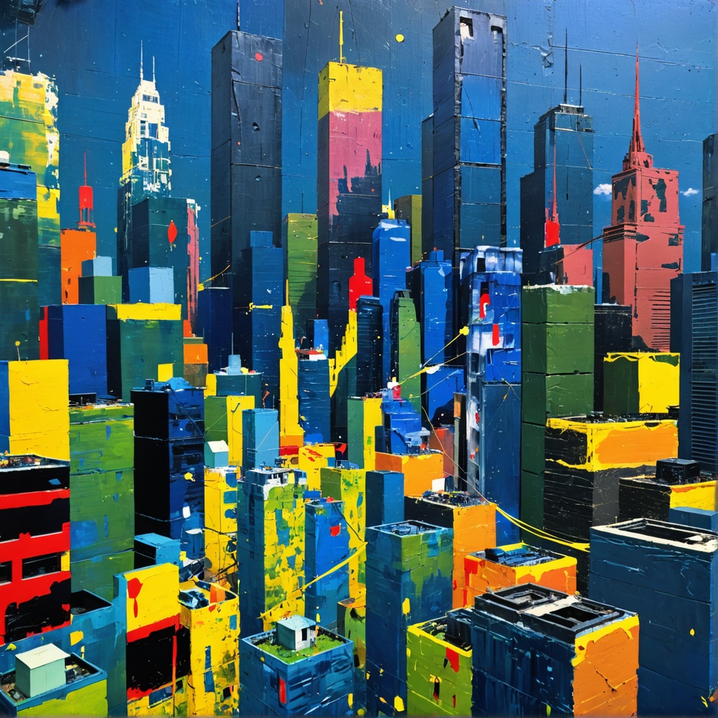 Colorful abstract cityscape with buildings in blue, yellow, green, orange, and red tones.