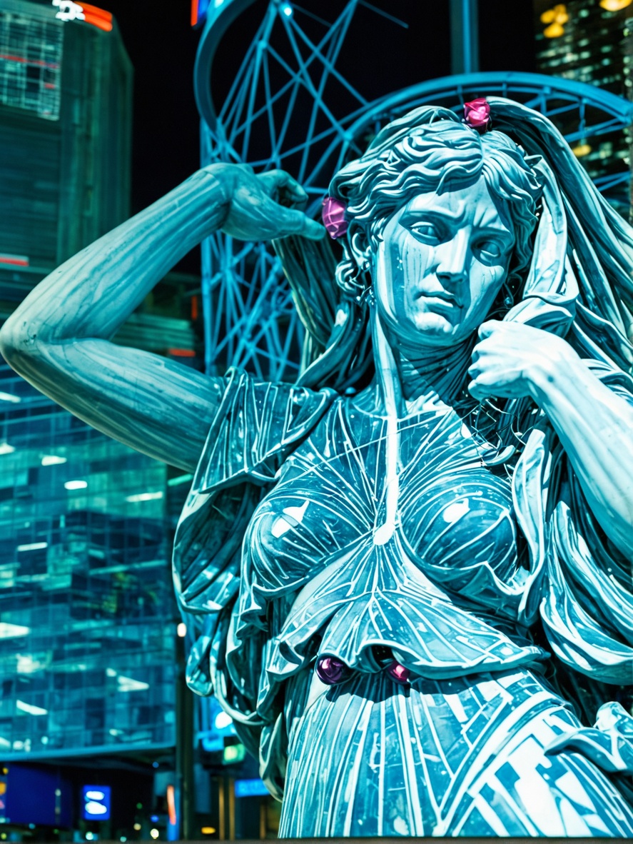 Classical statue with cyan lighting in urban setting with modern architecture in background.