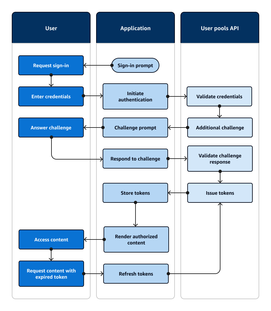 A flowchart that shows an application that prompts a user for input and signs them in with an AWS SDK.