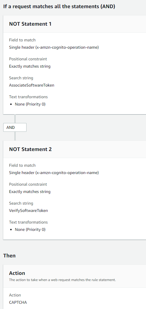 A screenshot of a AWS WAF rule that applies a CAPTCHA action to all requests that don't have a x-amzn-cognito-operation-name header value of AssociateSoftwareToken or VerifySoftwareToken.