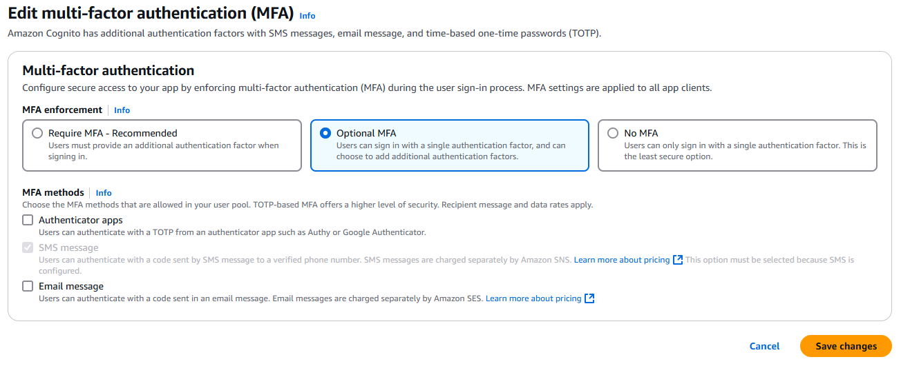 A screenshot from the Amazon Cognito console with MFA options.