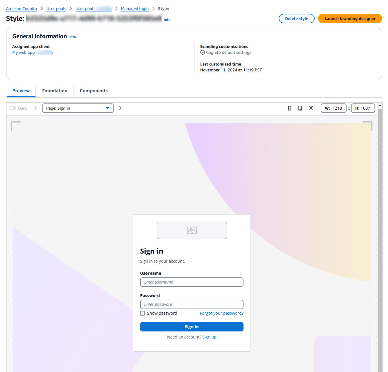 An AWS Management Console screenshot of detailed configuration of managed login components.