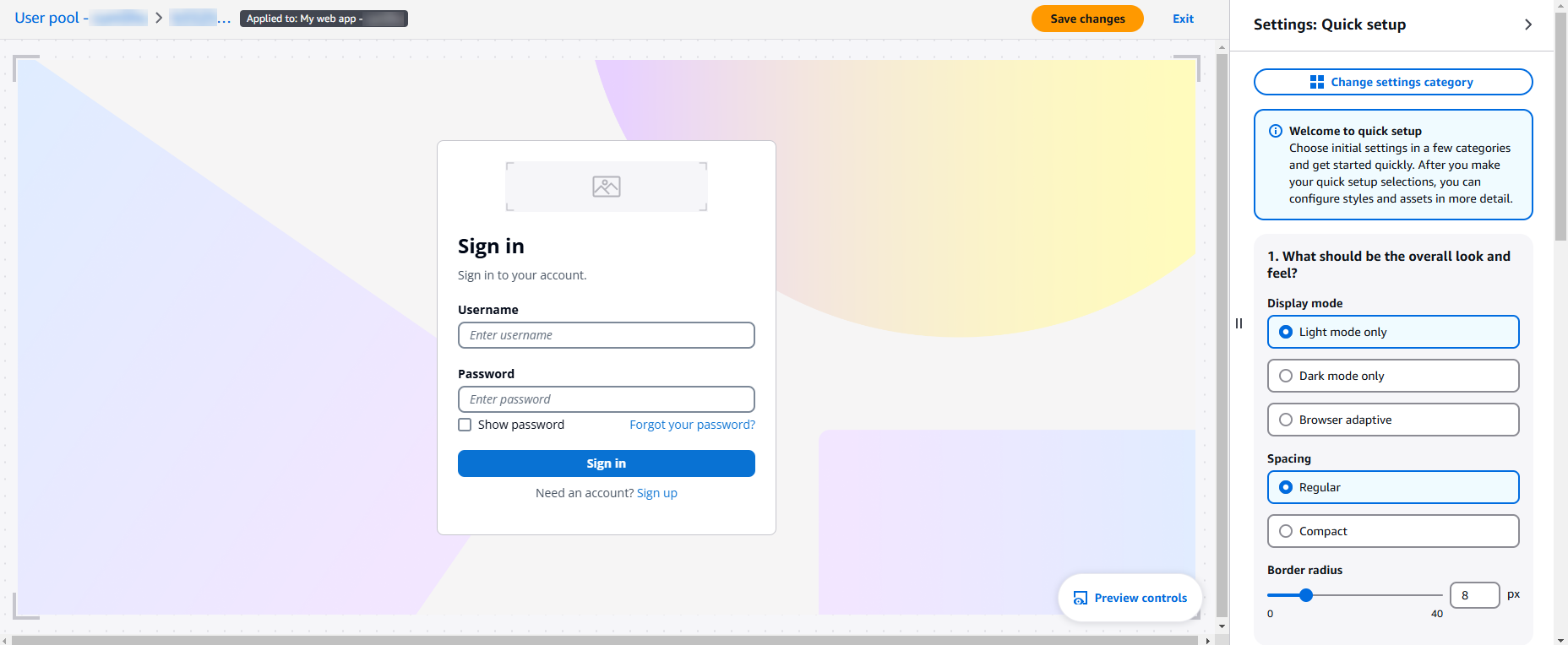 A preview of the branding editor visual editor for Amazon Cognito user pools.