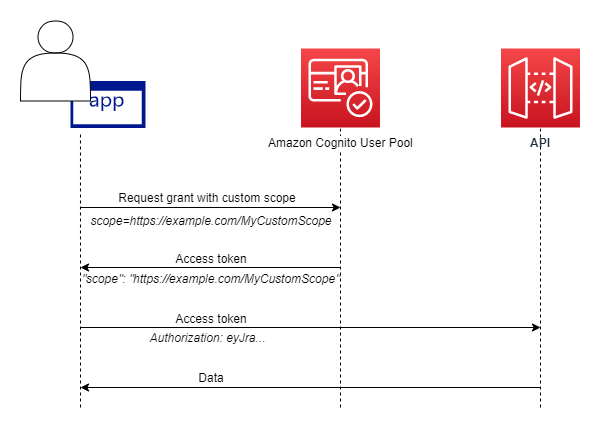An overview of the flow of a resource server. The client requests a grant with a custom scope, the user pool returns an access token with the custom scope, and the client presents the access token to an API.
