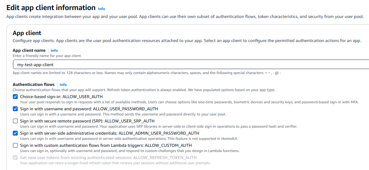 A screenshot from the Amazon Cognito console that illustrates the choice of plain password authentication flows for an app client. The options ALLOW_USER_PASSWORD_AUTH, ALLOW_ADMIN_USER_PASSWORD_AUTH, and ALLOW_USER_AUTH have been selected.