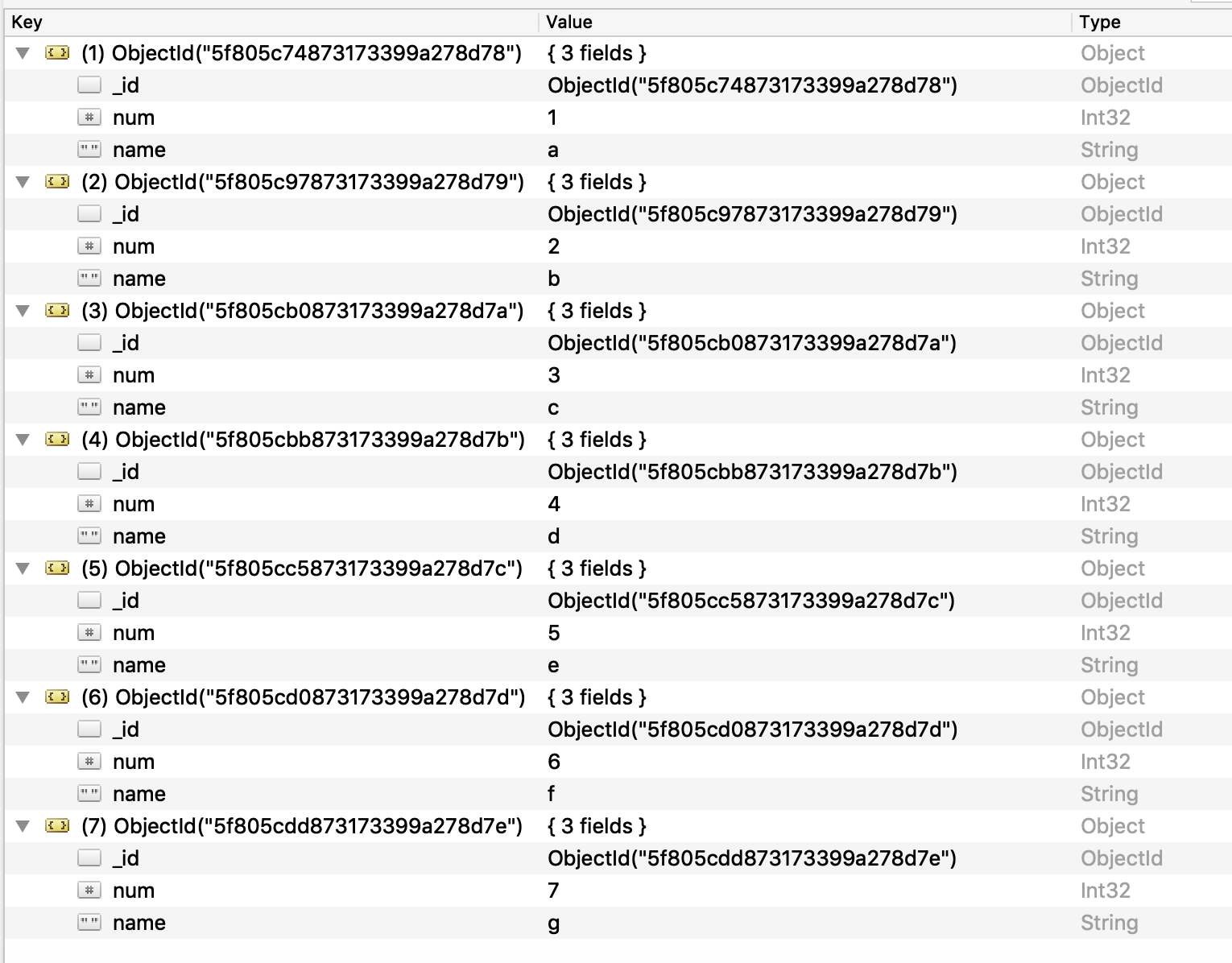 Amazon DocumentDB collection with seven items.