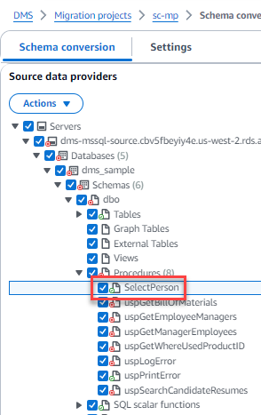 Schema conversion: Source data providers tree view