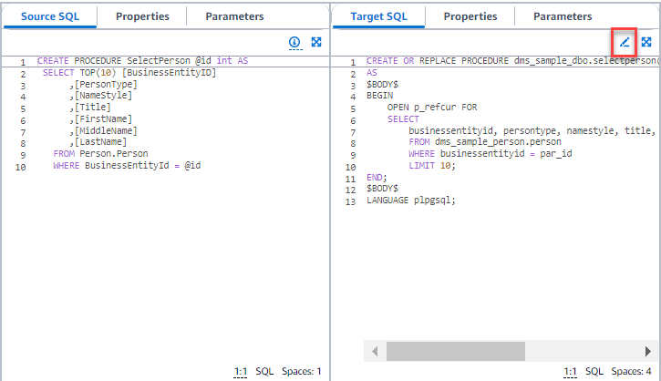 Schema conversion: Edit target SQL