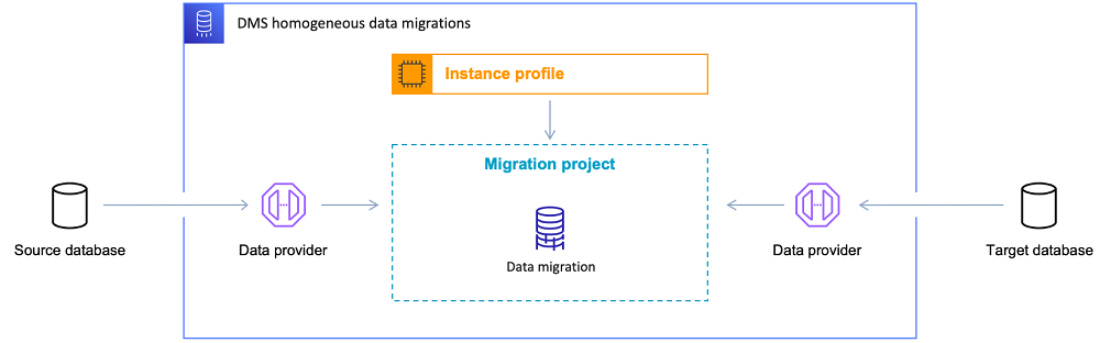 An architecture diagram of the DMS Homogeneous Data Migrations feature.