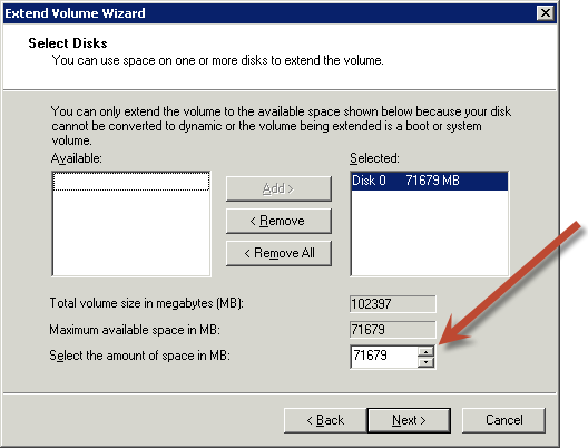 Windows Server Extend Volume Wizard
