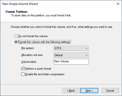 Specify settings to format the volume.
