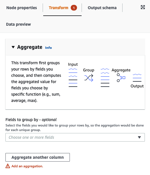 The screenshot shows the Transform tab for the Aggregate node.
