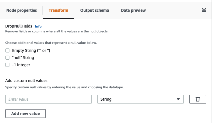 The screenshot shows the Transform tab for the DropNullFields node.