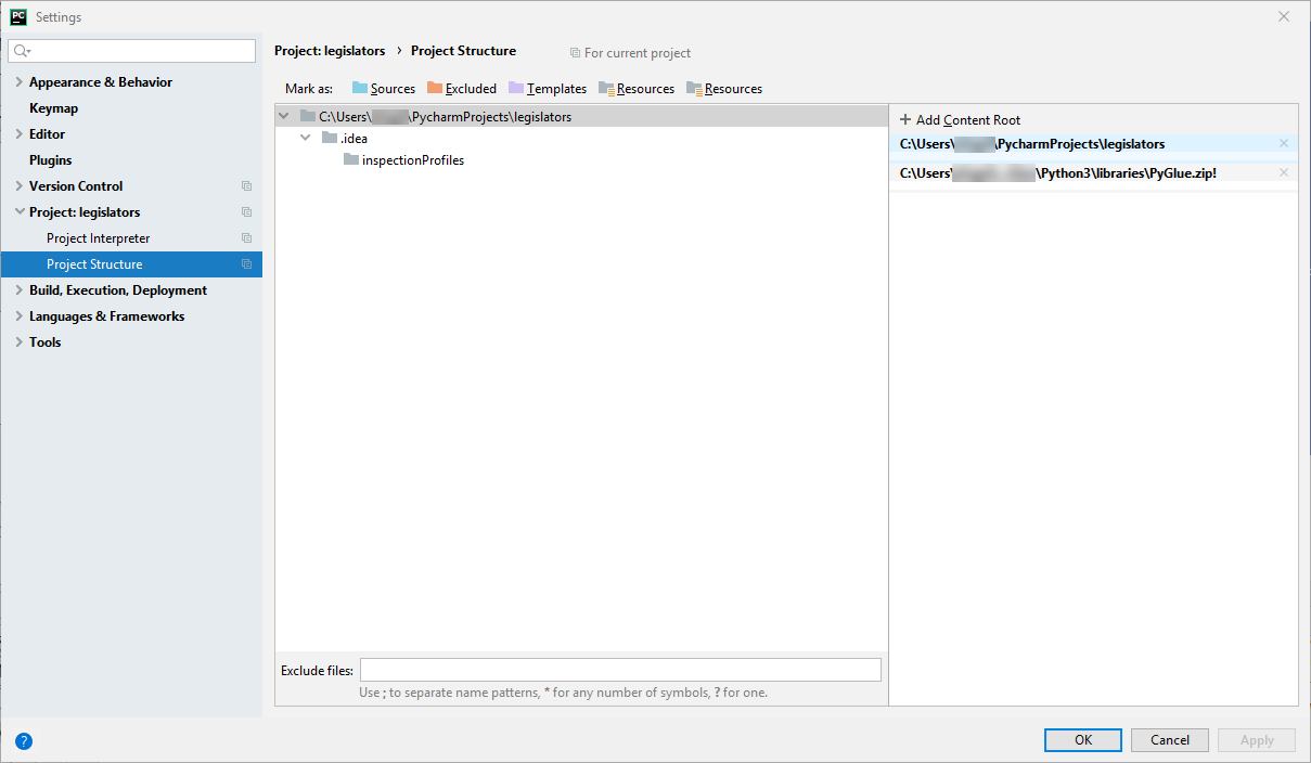 The PyCharm Settings screen with PyGlue.zip added as a content root.