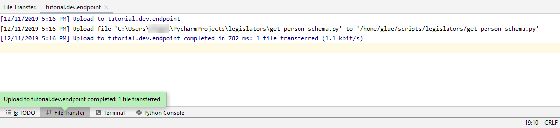 The bottom of the PyCharm screen after a successful deployment.