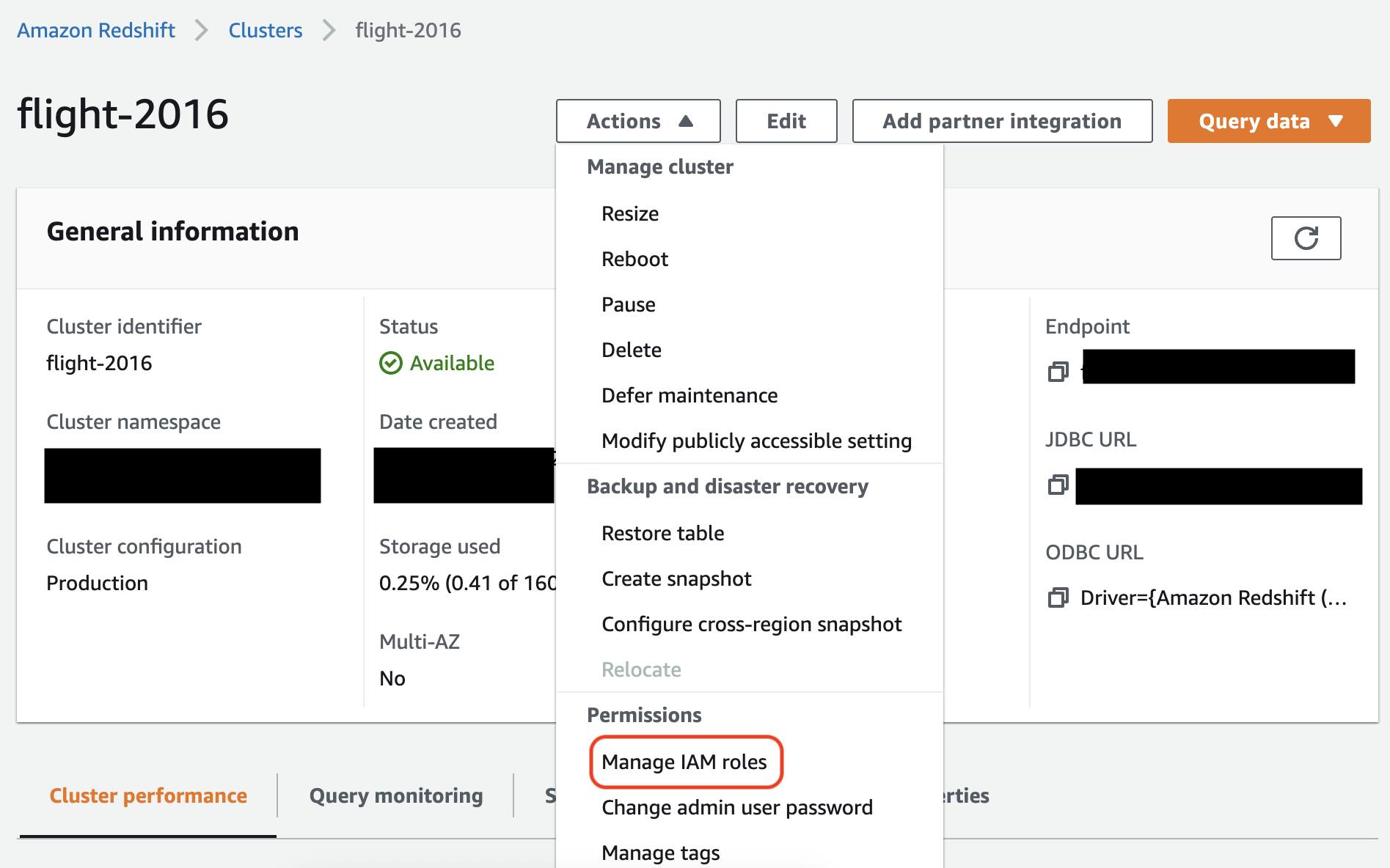 An example of where to manage IAM permissions in the Amazon Redshift console.