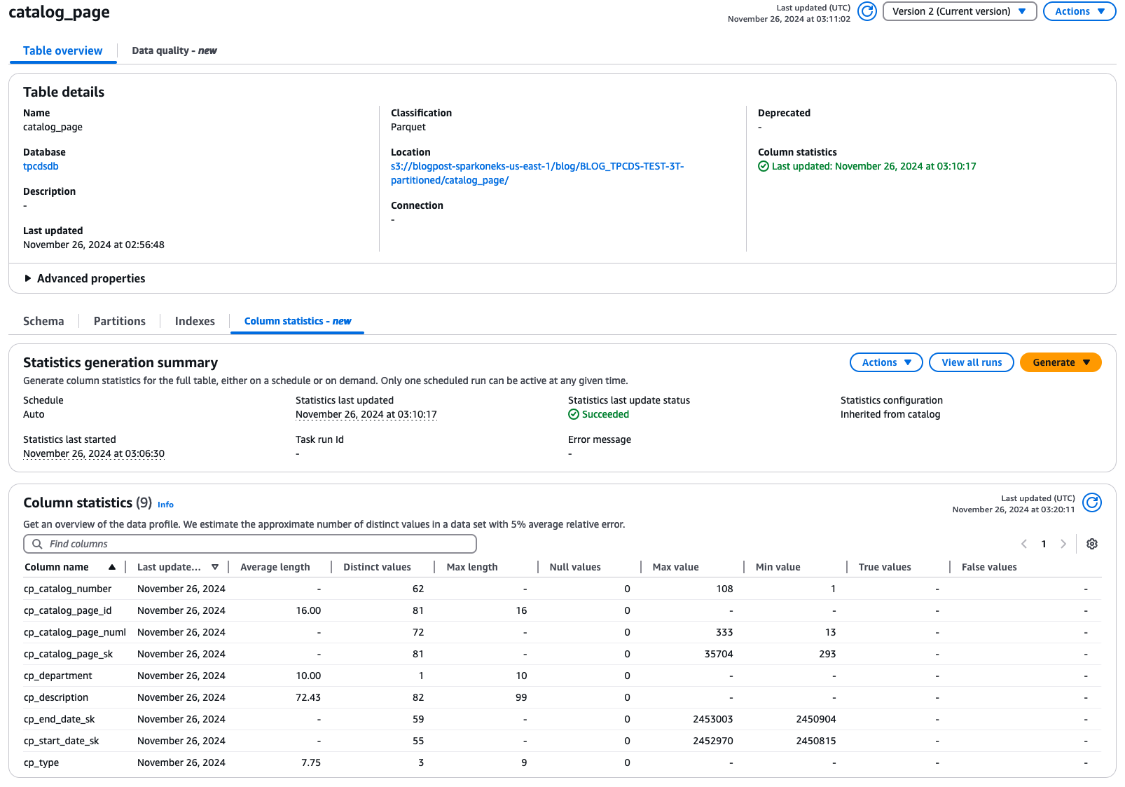 An image of a Hive table with catalog-level statistics collection has been applied and statistics have been collected.