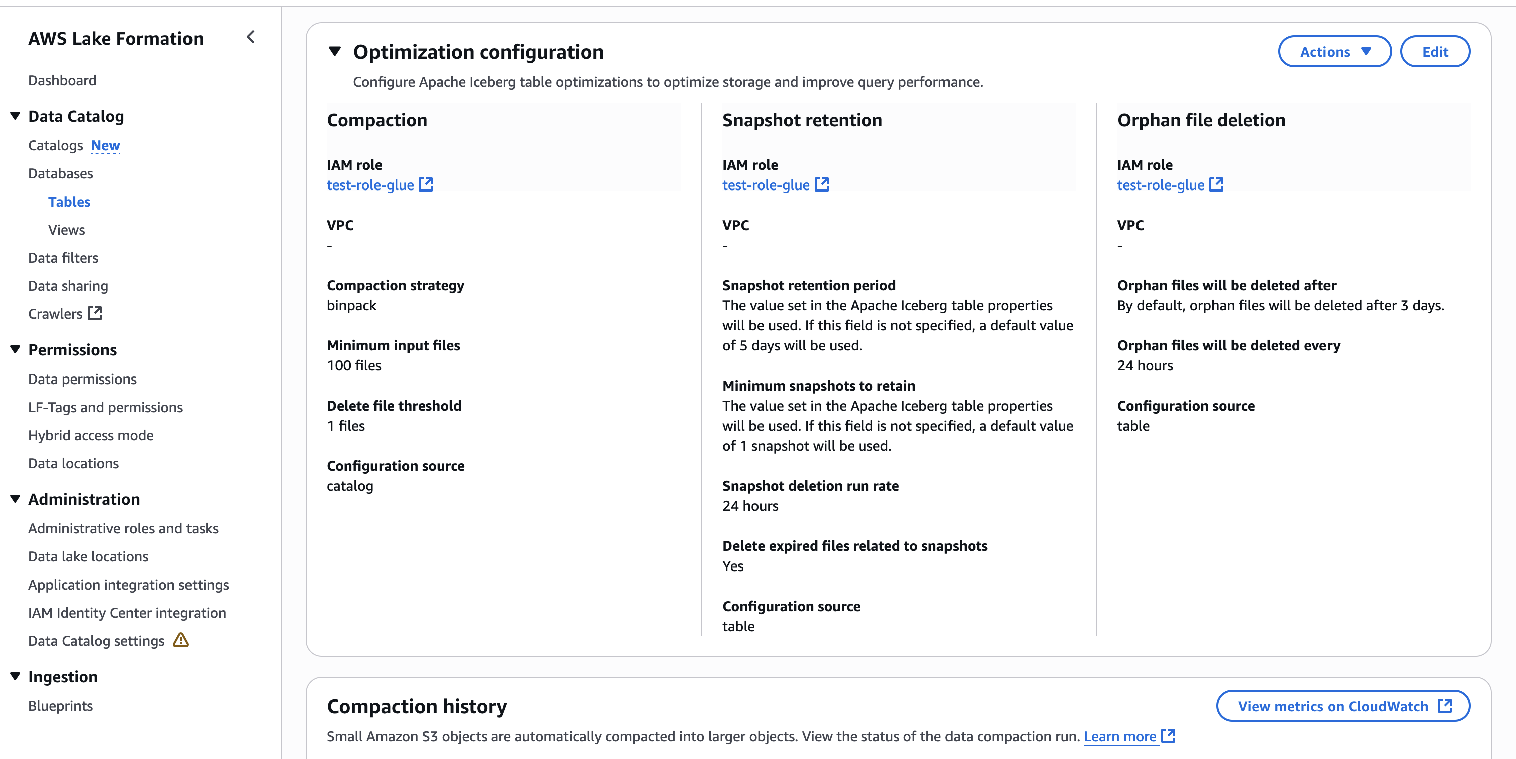 An image of an Apache Iceberg table with catalog-level optimization configuration has  been applied.